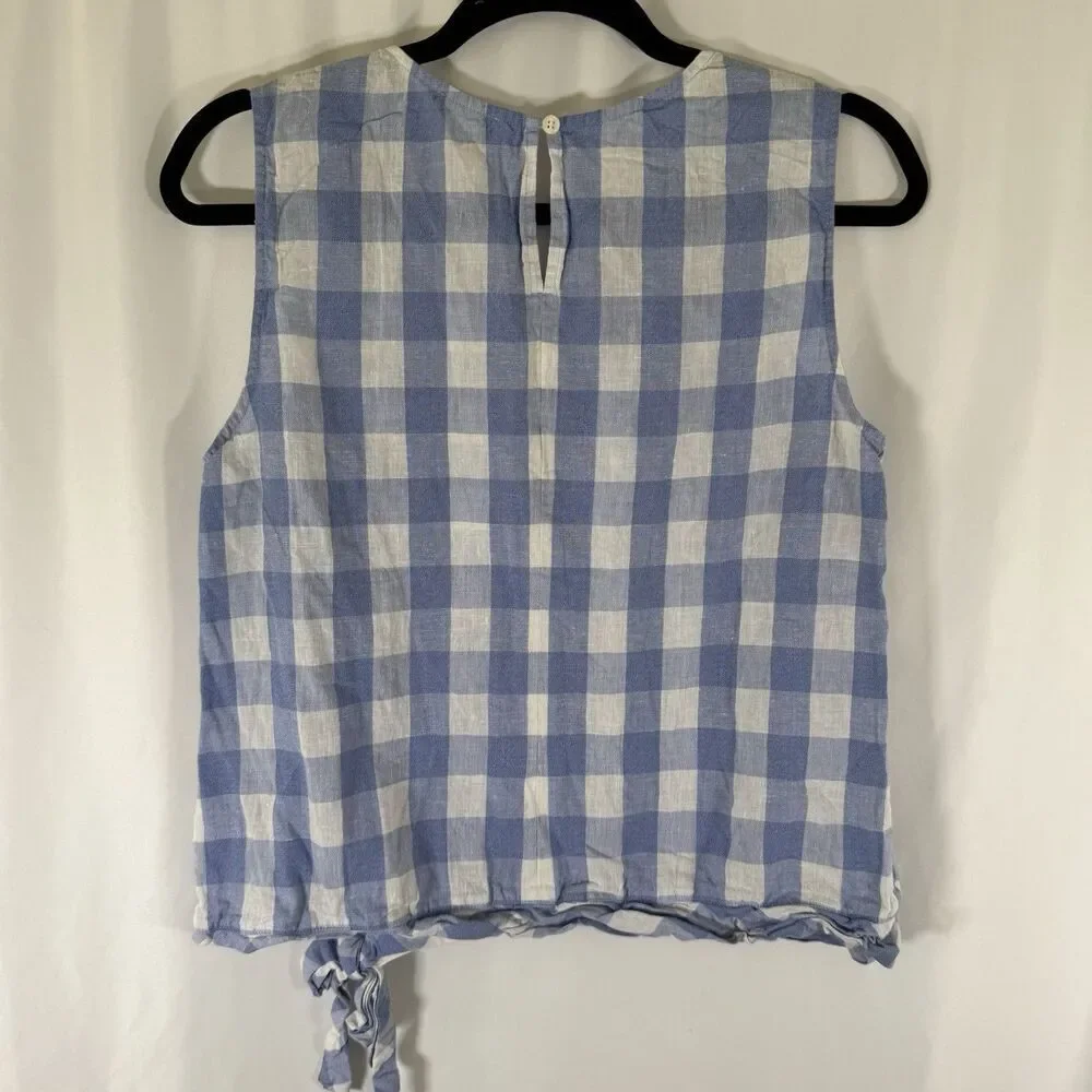 J. Crew Tank Top Women's 10 Blue White Plaid Linen Cotton Blued Tie Bottom